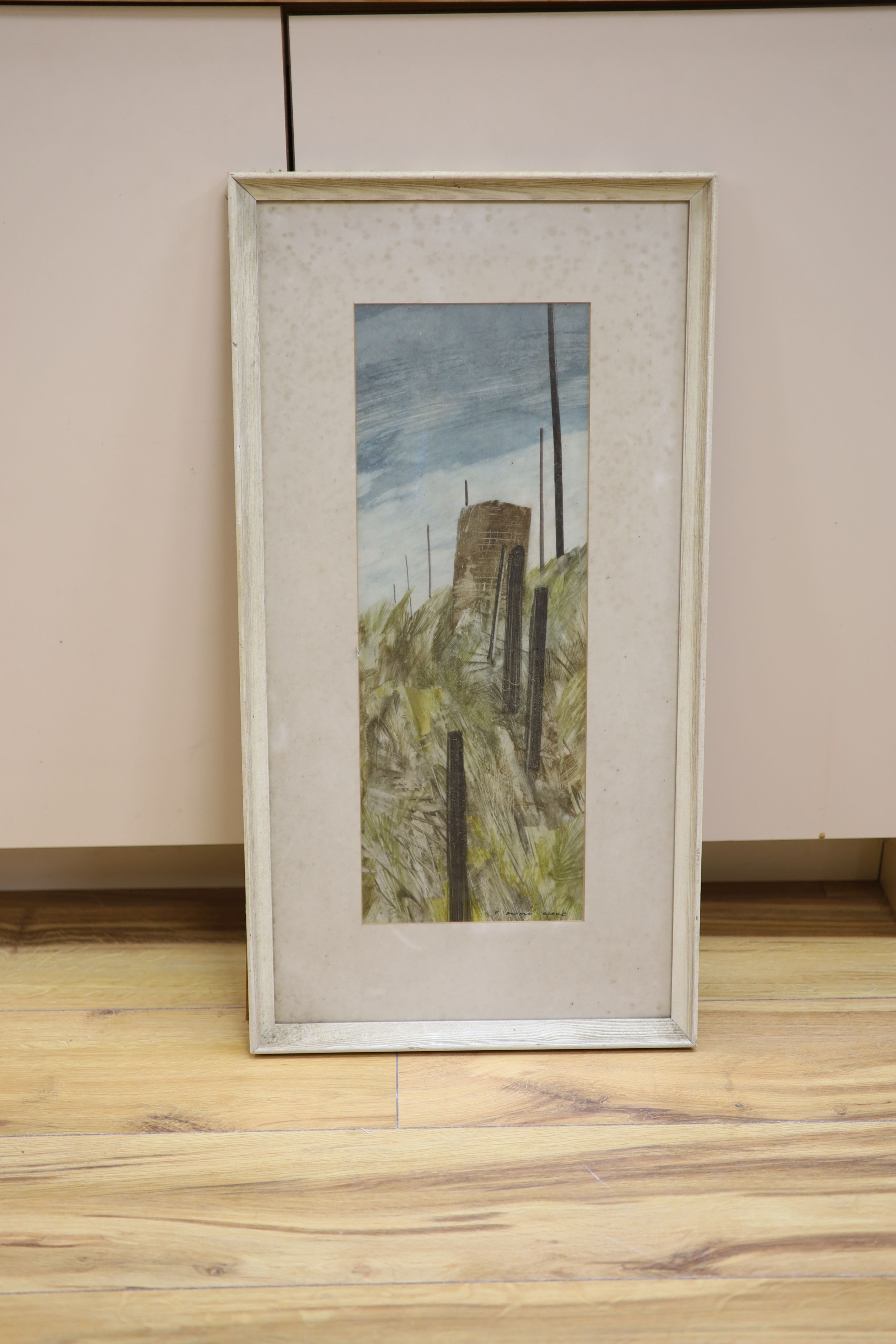 Frederick Donald Blake (1908-1977), watercolour, Fence posts on sand dunes, signed, 47 x 17cm